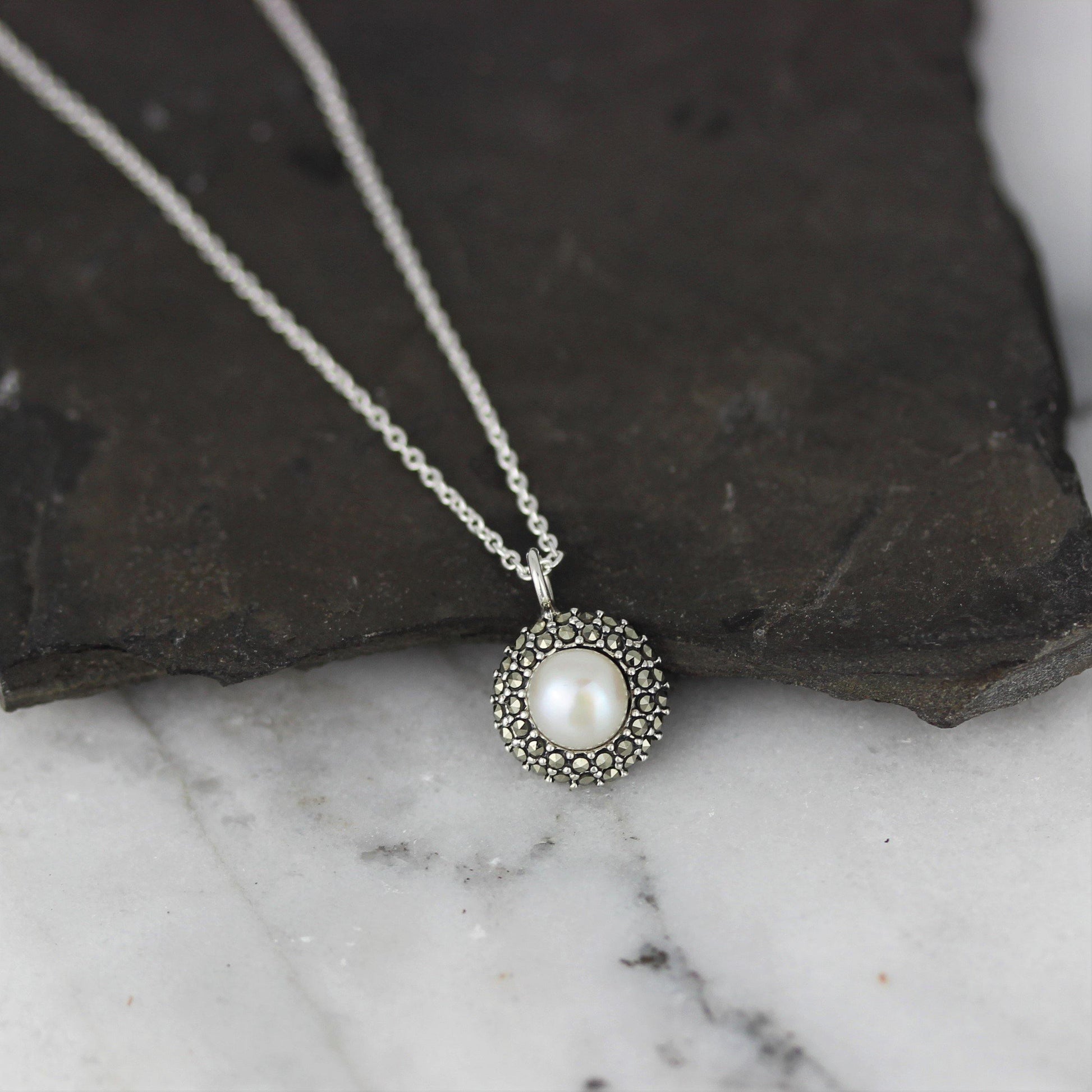 Sterling Silver Marcasite & Fresh Water Pearl Halo Pendant Necklace - STERLING SILVER DESIGNS