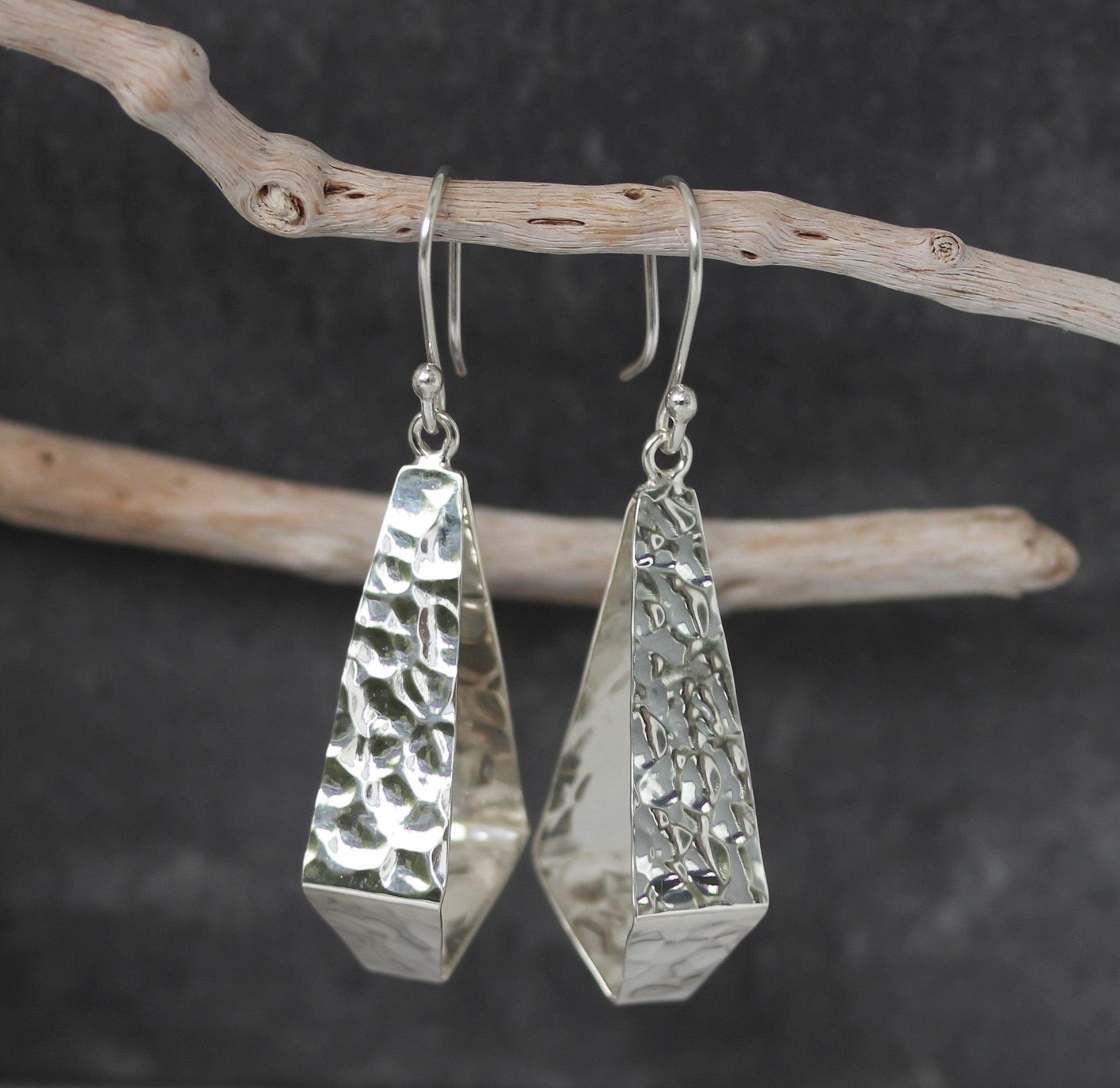 Sterling Silver Hammered Beaten Open Kite Shape Hook Drop Earrings - STERLING SILVER DESIGNS