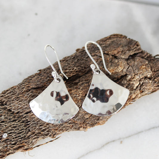 Sterling Silver Hammered Beaten Fan Shape Hook Drop Earrings - STERLING SILVER DESIGNS