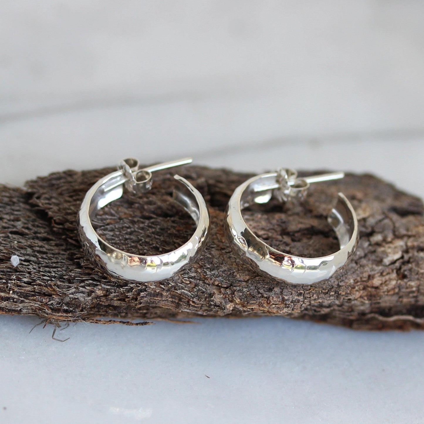 Sterling Silver 7mm Wide Open Hoop Hammered Earrings - STERLING SILVER DESIGNS