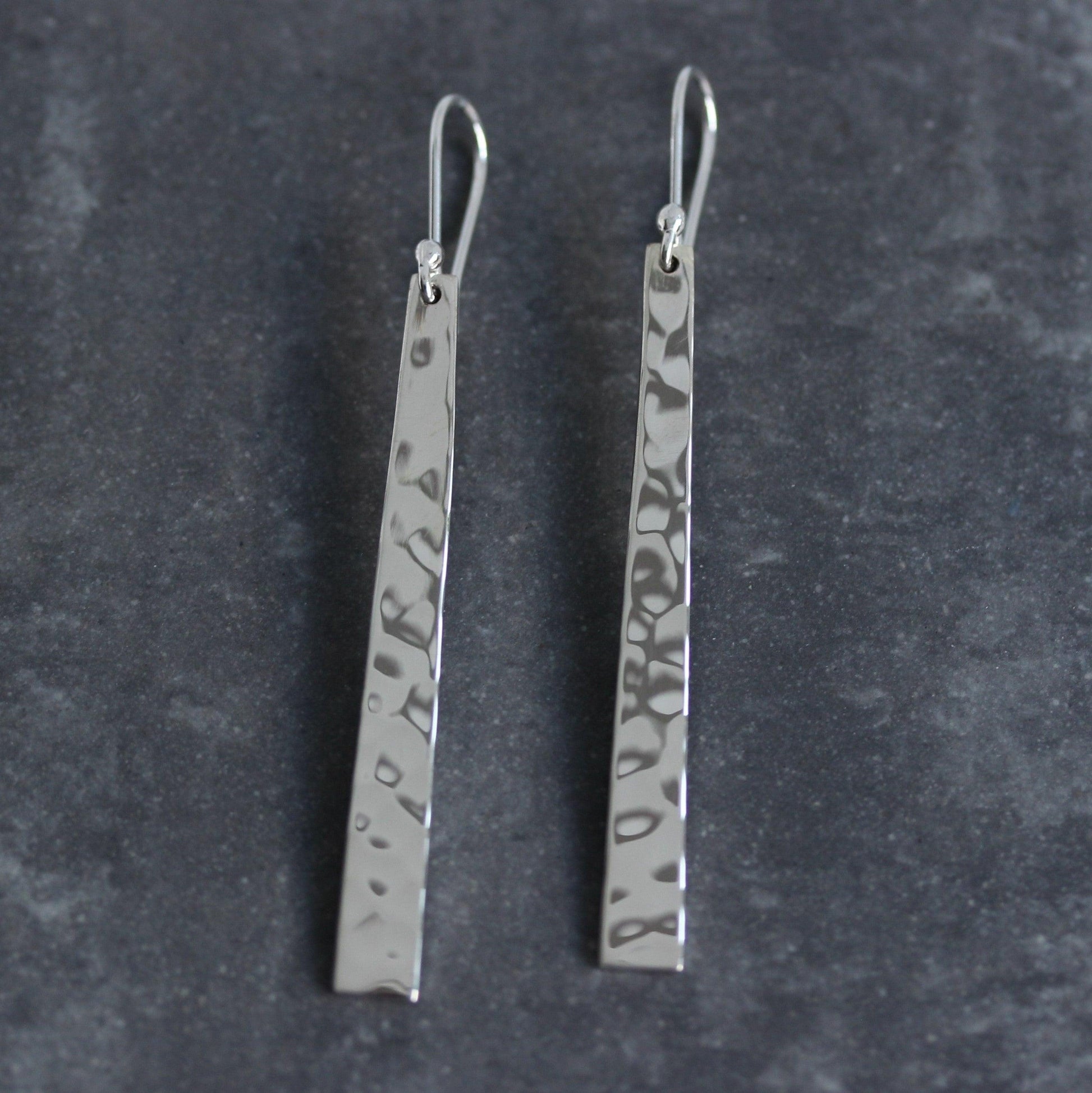 Sterling Silver Long Hammered Bar Drop Earrings - STERLING SILVER DESIGNS