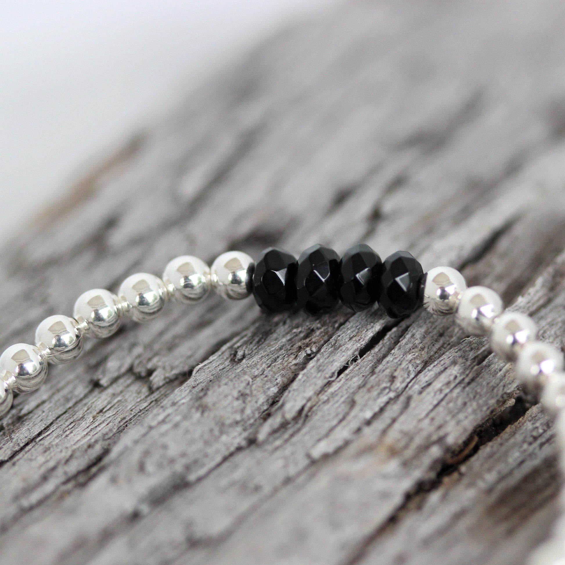 Sterling Silver 3 x 4mm Small Bead Balls & Black Onyx 18cm Stretch Bracelet - STERLING SILVER DESIGNS