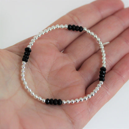 Sterling Silver 3 x 4mm Small Bead Balls & Black Onyx 18cm Stretch Bracelet - STERLING SILVER DESIGNS