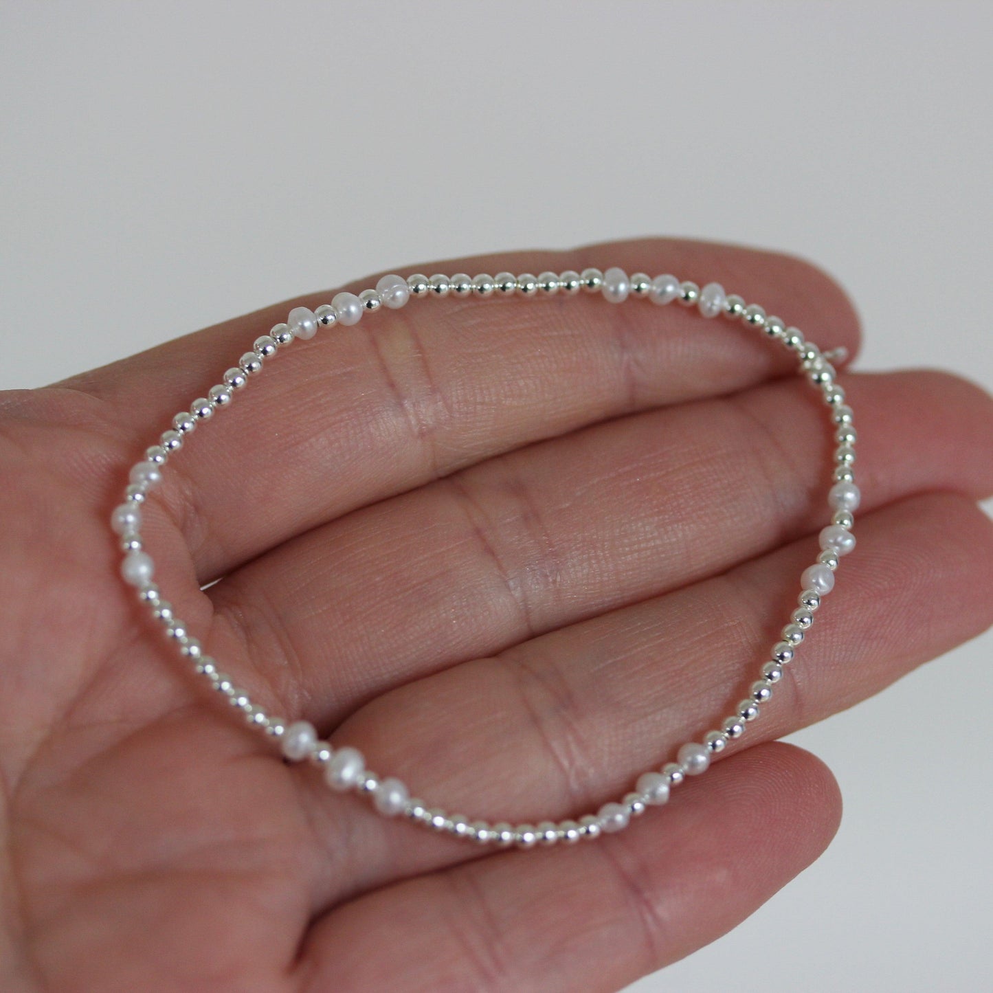 Sterling Silver 2 x 3mm Small Bead Balls & Pearl 18cm Stretch Bracelet - STERLING SILVER DESIGNS