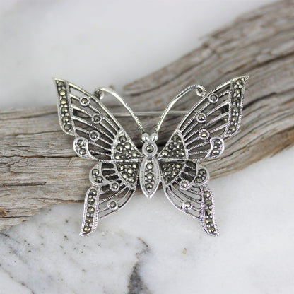 Sterling Silver Big Butterfly Marcasite Vintage Inspired Brooch Pin - STERLING SILVER DESIGNS