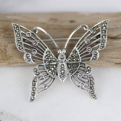 Sterling Silver Big Butterfly Marcasite Vintage Inspired Brooch Pin - STERLING SILVER DESIGNS