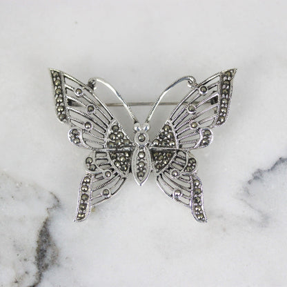 Sterling Silver Big Butterfly Marcasite Vintage Inspired Brooch Pin - STERLING SILVER DESIGNS