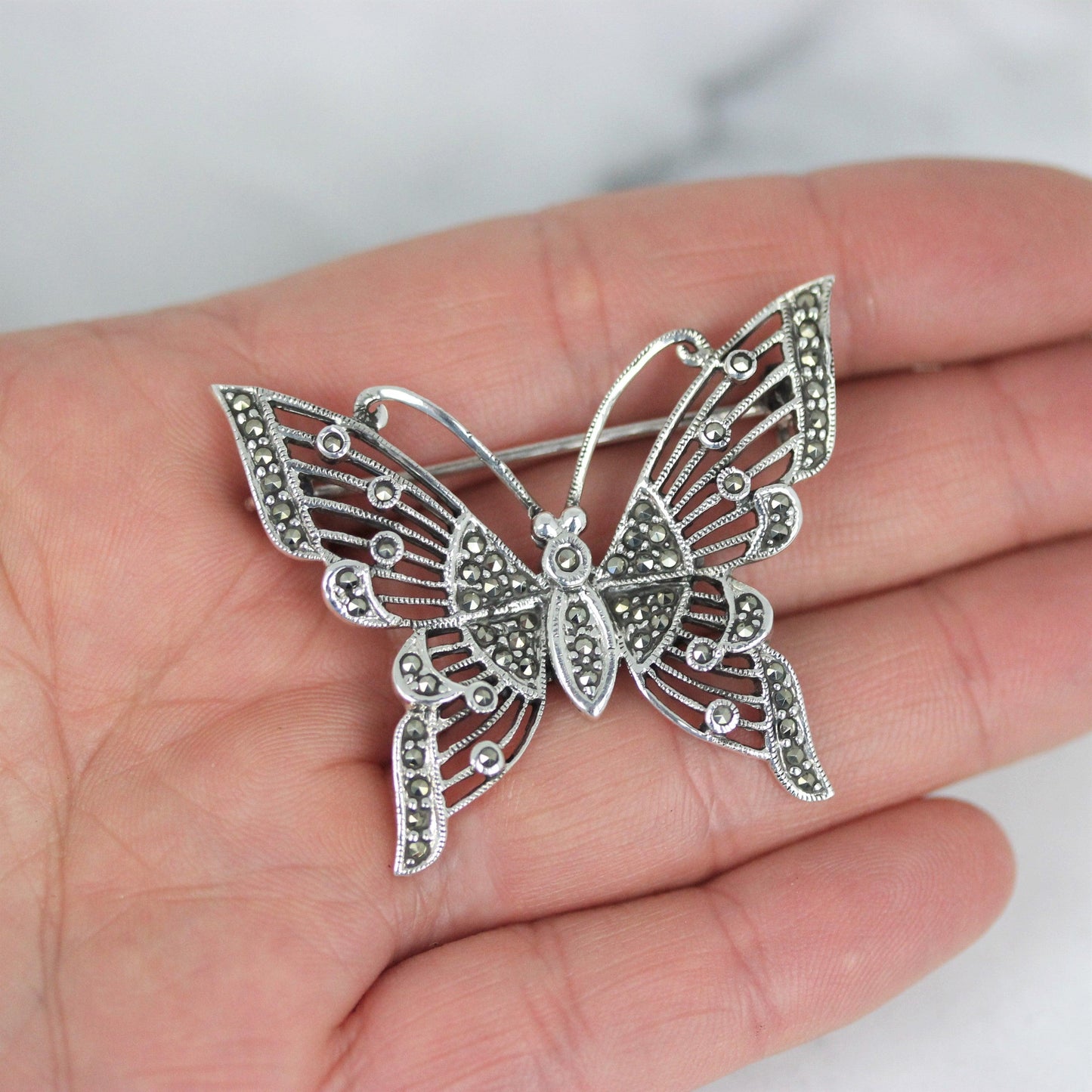 Sterling Silver Big Butterfly Marcasite Vintage Inspired Brooch Pin - STERLING SILVER DESIGNS