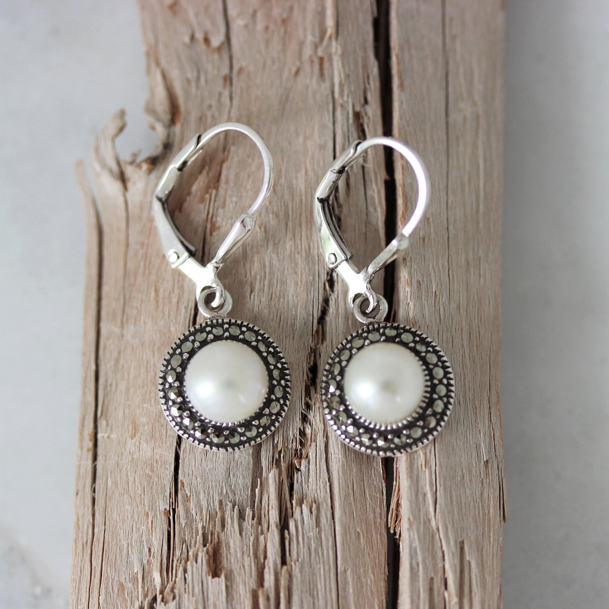 Sterling Silver Marcasite & 7mm Fresh Water Pearl Leverback Drop Earring - STERLING SILVER DESIGNS