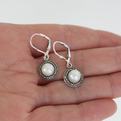 Sterling Silver Marcasite & 7mm Fresh Water Pearl Leverback Drop Earring - STERLING SILVER DESIGNS