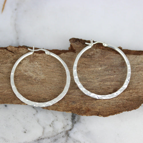 Sterling Silver Hammered 36mm Round Hoop Earrings - STERLING SILVER DESIGNS