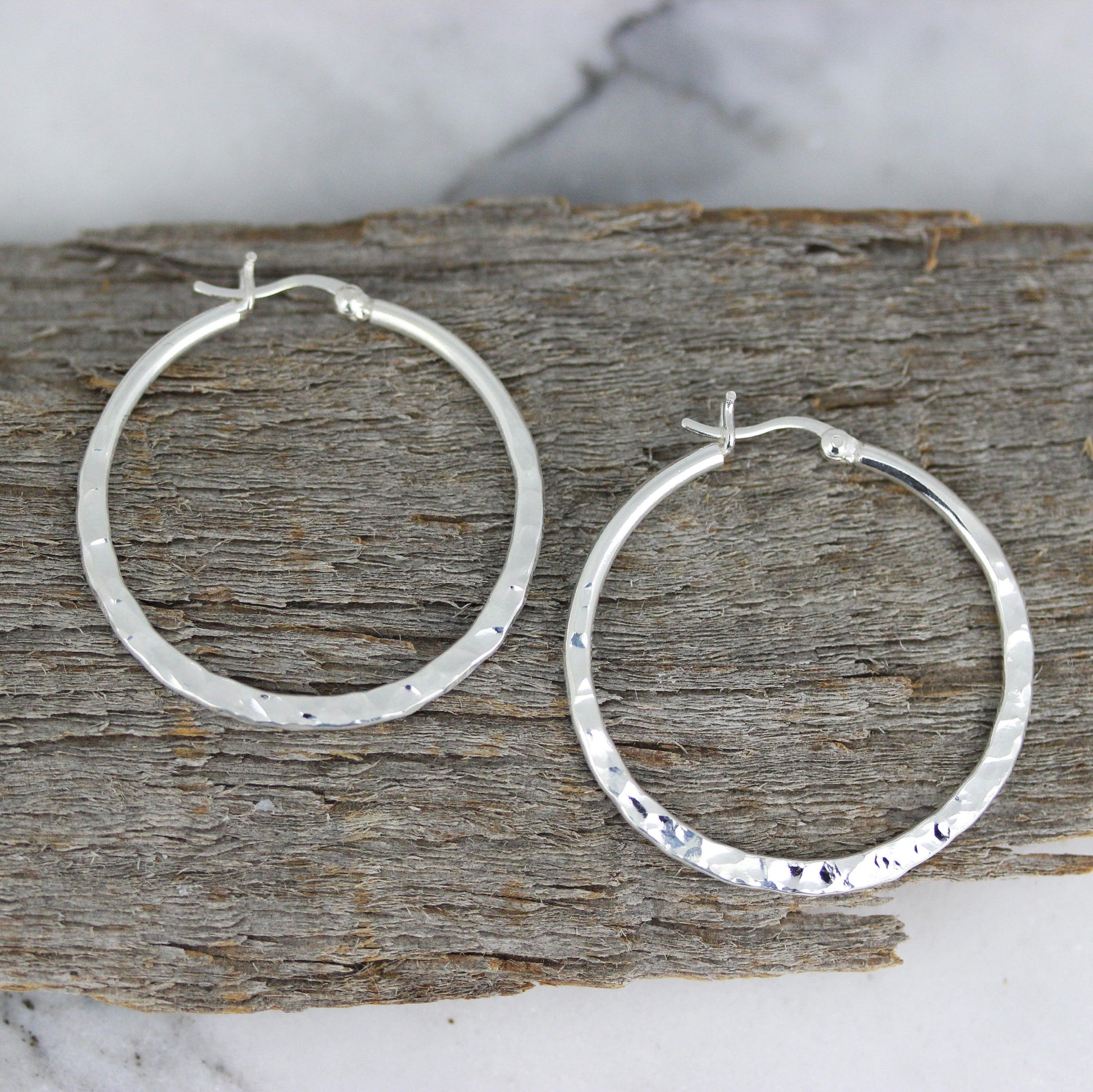 Sterling Silver Hammered 36mm Round Hoop Earrings - STERLING SILVER DESIGNS