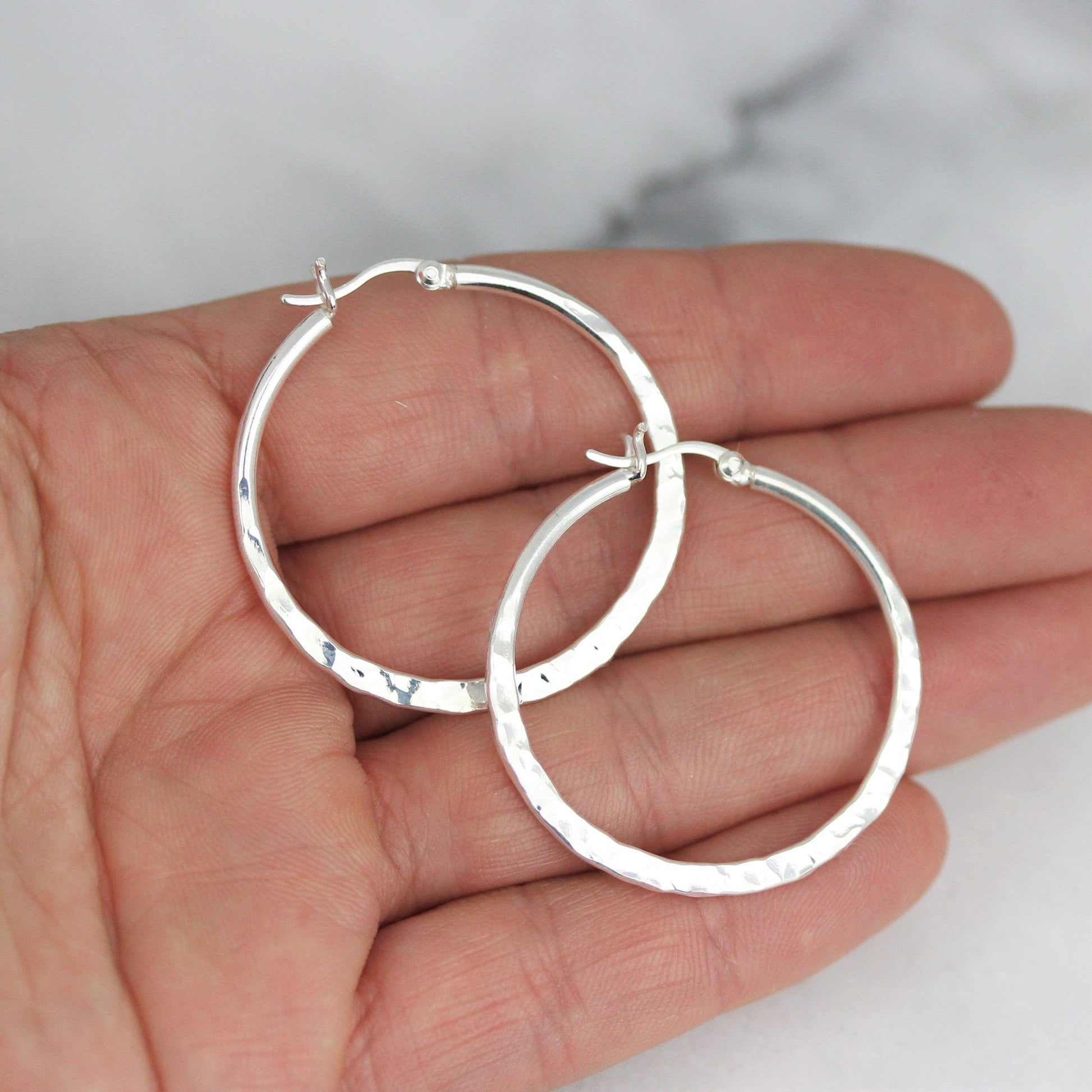 Sterling Silver Hammered 36mm Round Hoop Earrings - STERLING SILVER DESIGNS