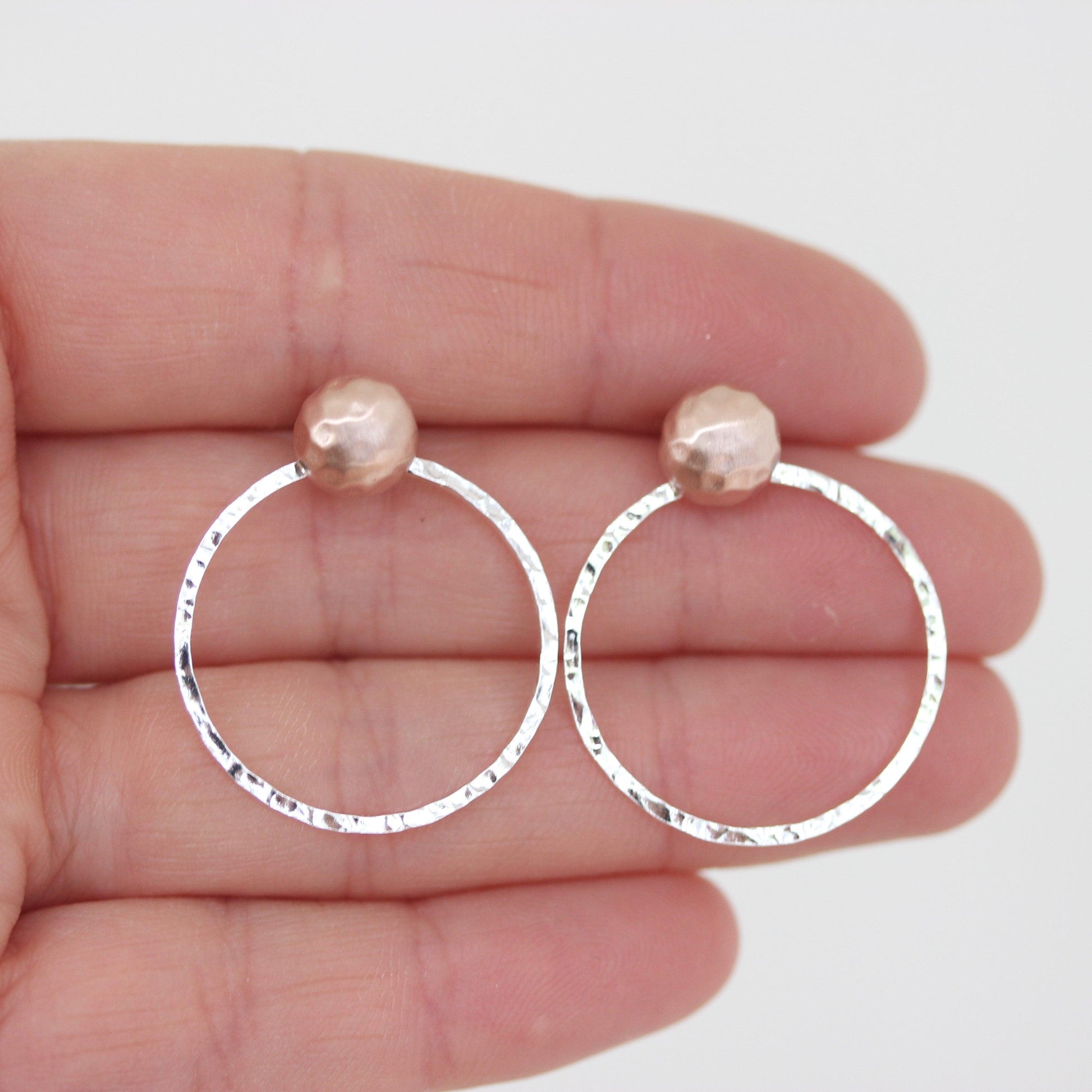 Sterling Silver & Rose Gold Two Tone Hammered Hoop Stud Earrings - STERLING SILVER DESIGNS