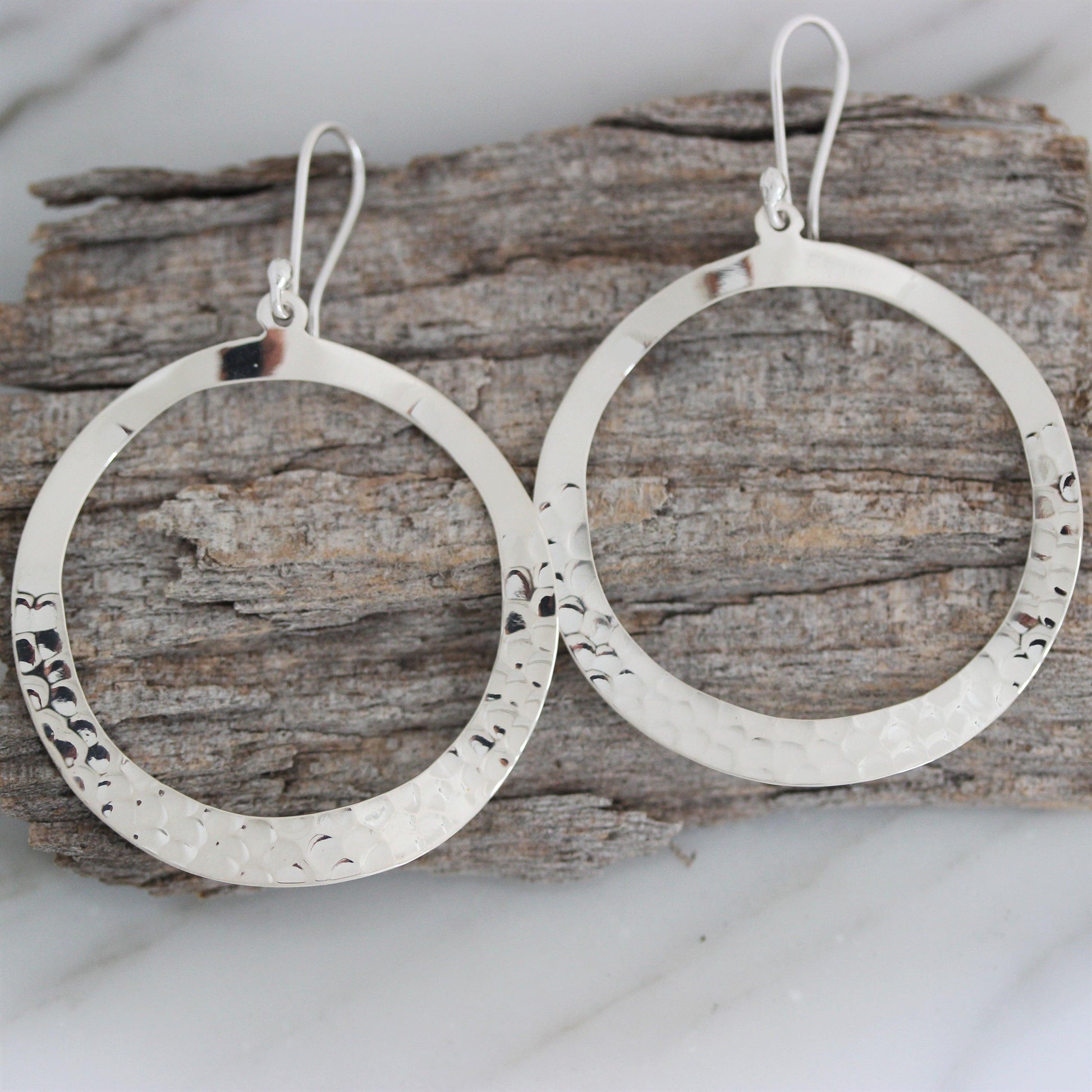 Sterling Silver Big Open Circle Hammered Beaten Hook Drop Earrings - STERLING SILVER DESIGNS