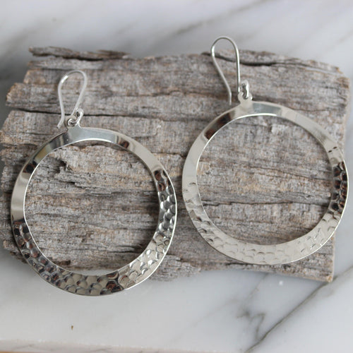 Sterling Silver Big Open Circle Hammered Beaten Hook Drop Earrings - STERLING SILVER DESIGNS