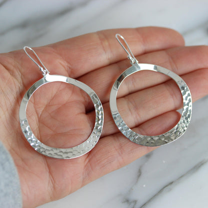 Sterling Silver Big Open Circle Hammered Beaten Hook Drop Earrings - STERLING SILVER DESIGNS