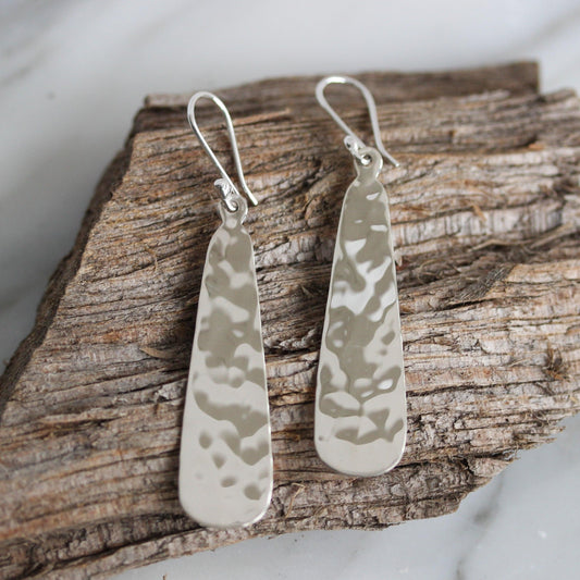 Sterling Silver Hammered Beaten Long Teardrop Hook Drop Earrings - STERLING SILVER DESIGNS