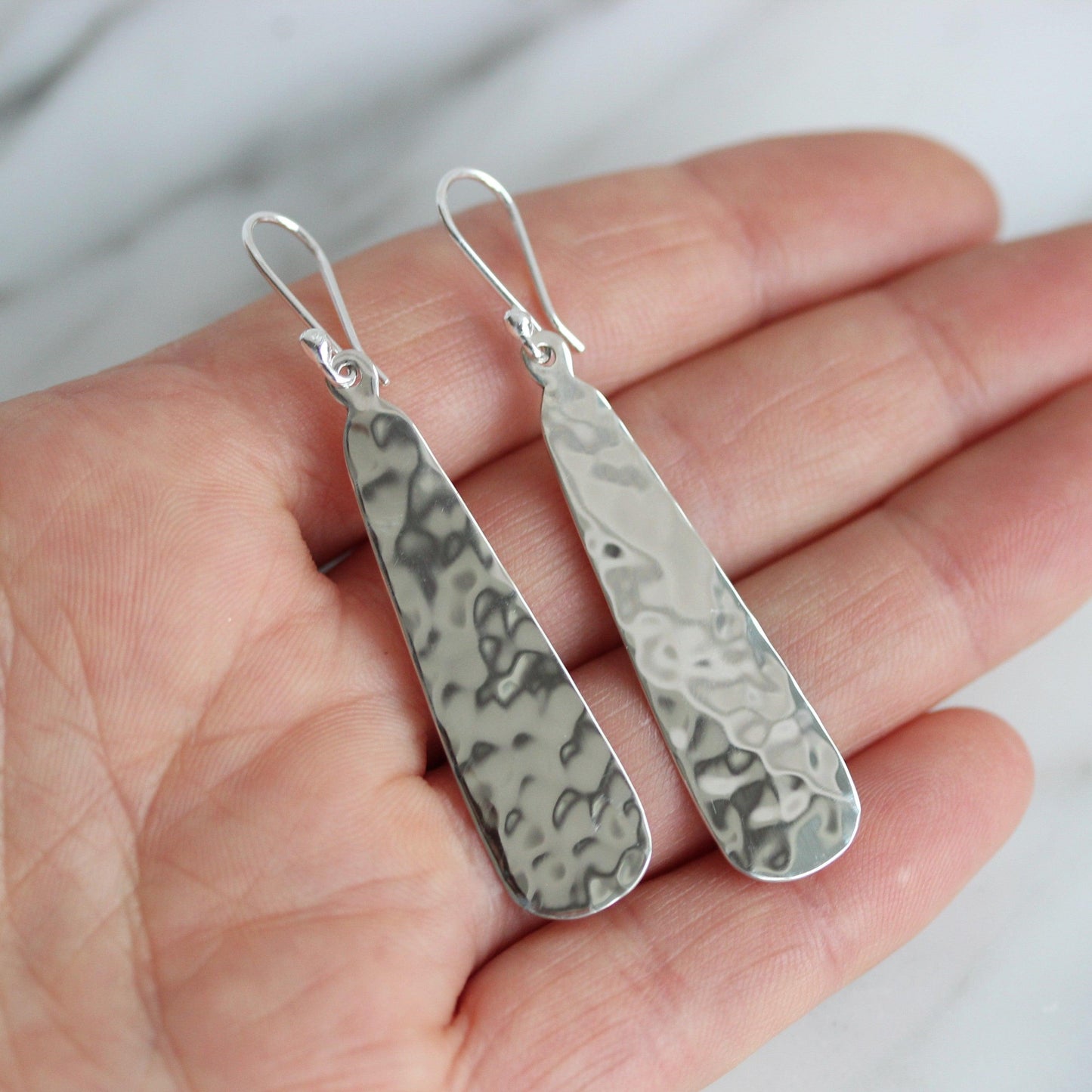 Sterling Silver Hammered Beaten Long Teardrop Hook Drop Earrings - STERLING SILVER DESIGNS