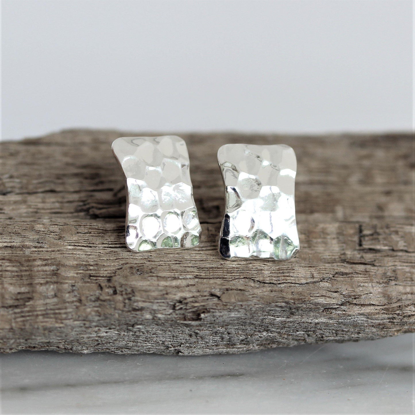 Sterling Silver Hammered Rectangular Shape Stud Earrings - STERLING SILVER DESIGNS