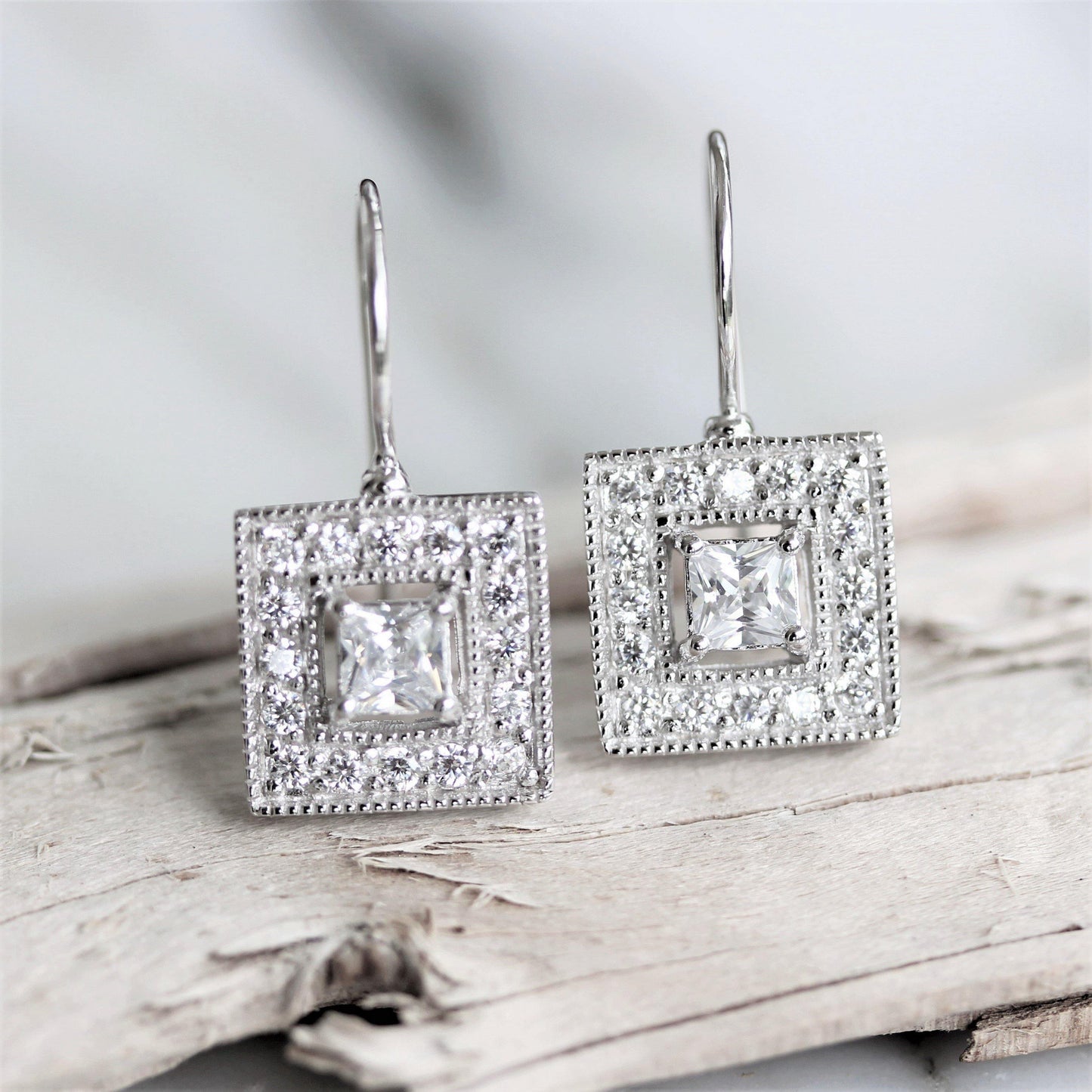 Sterling Silver Bridal Art Deco Vintage Inspired Square Halo CZ Drop Earrings - STERLING SILVER DESIGNS