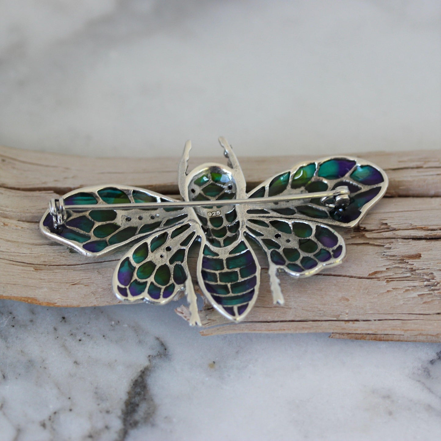 Sterling Silver Big Marcasite & Enamel Bee Bumblebee Brooch Pin Vintage Inspired - STERLING SILVER DESIGNS