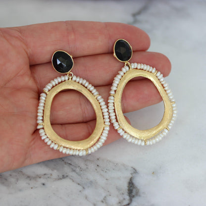 Sterling Silver Big Yellow Gold Plated Pearl & Black Onyx Drop Earrings - STERLING SILVER DESIGNS