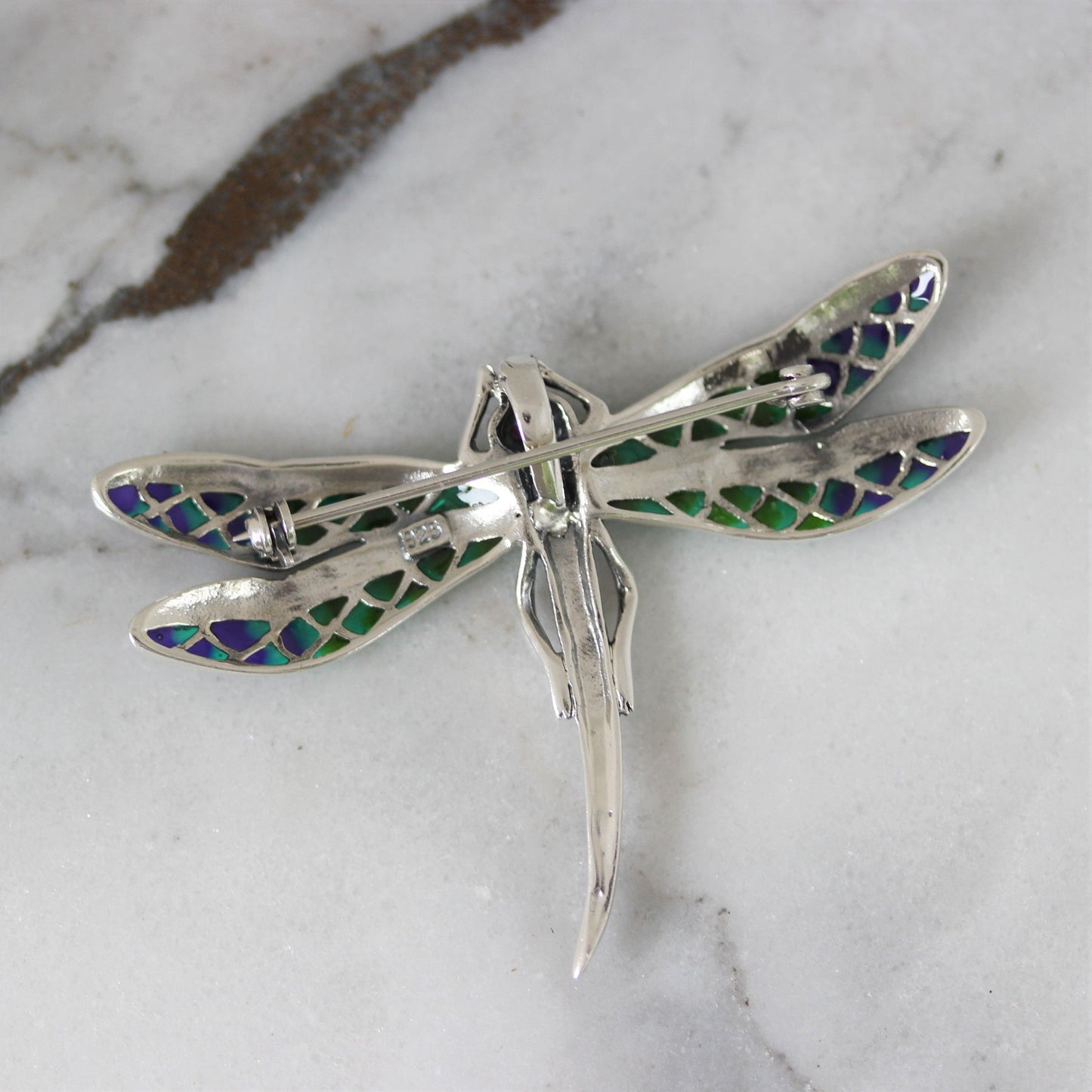 Sterling Silver Marcasite & Ruby, Enamel Dragonfly Brooch Pin - STERLING SILVER DESIGNS