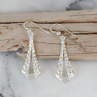 Sterling Silver Modern Hammered Beaten Drop Dangle Hook Earrings - STERLING SILVER DESIGNS