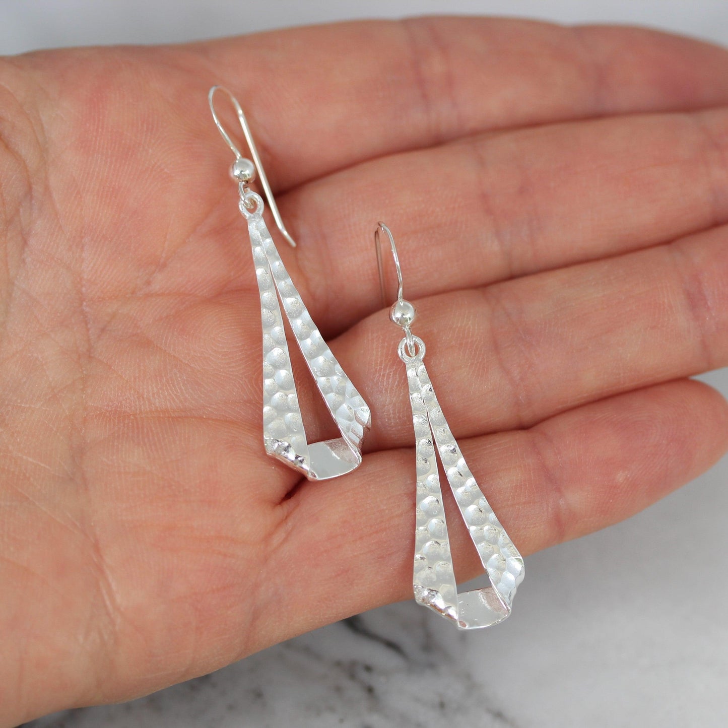 Sterling Silver Modern Hammered Beaten Drop Dangle Hook Earrings - STERLING SILVER DESIGNS