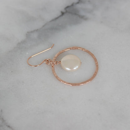 Sterling Silver Rose Gold Plated Hammered Fresh Water Pearl Drop Earrings - STERLING SILVER DESIGNS