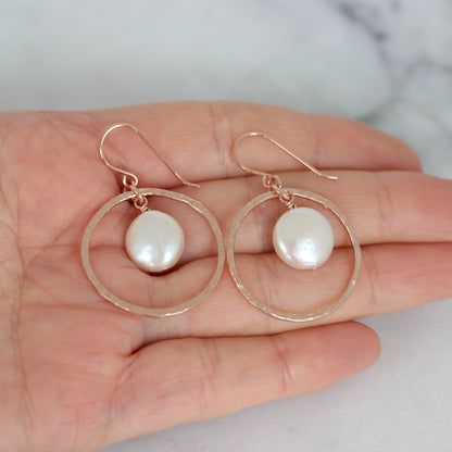 Sterling Silver Rose Gold Plated Hammered Fresh Water Pearl Drop Earrings - STERLING SILVER DESIGNS