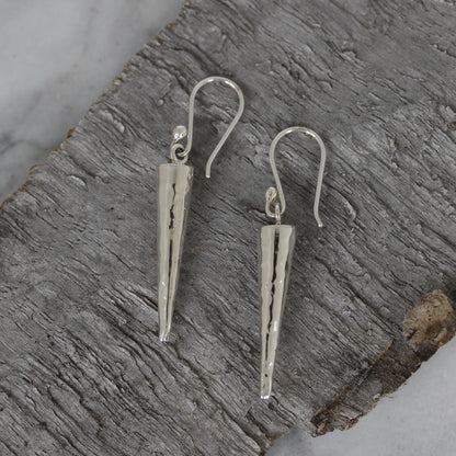 Sterling Silver Cone Shape Hammered Beaten Hook Drop Earrings - STERLING SILVER DESIGNS