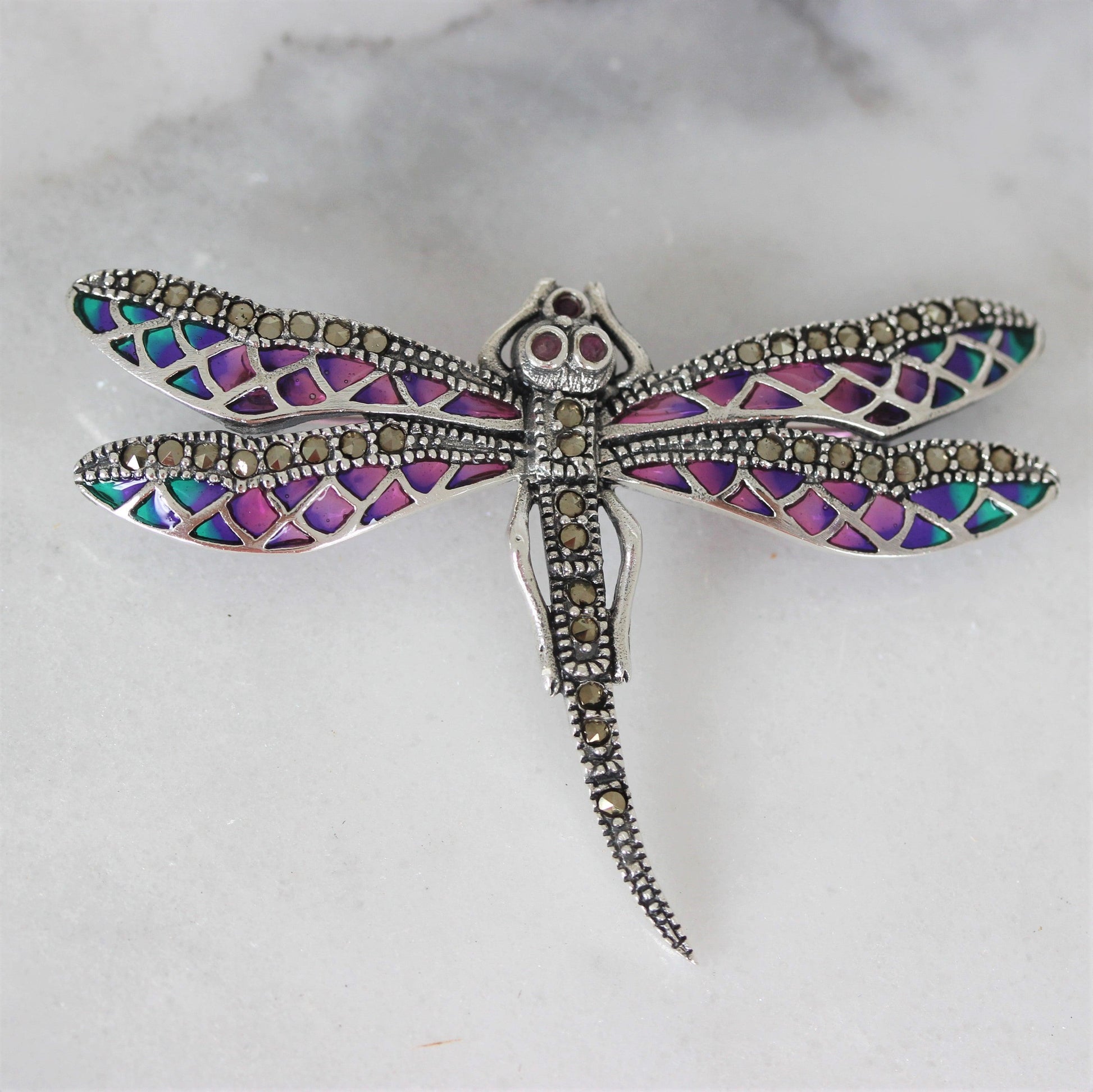 Sterling Silver Marcasite & Ruby, Enamel Dragonfly Brooch Pin - STERLING SILVER DESIGNS