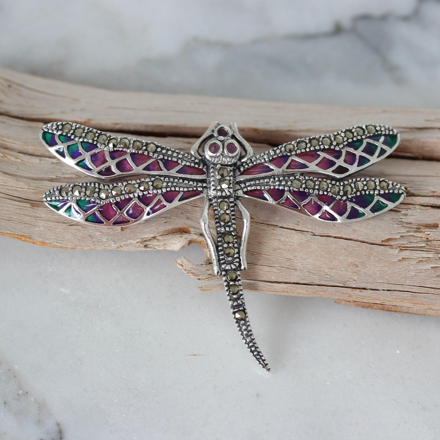 Sterling Silver Marcasite & Ruby, Enamel Dragonfly Brooch Pin - STERLING SILVER DESIGNS