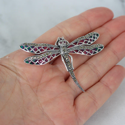 Sterling Silver Marcasite & Ruby, Enamel Dragonfly Brooch Pin - STERLING SILVER DESIGNS