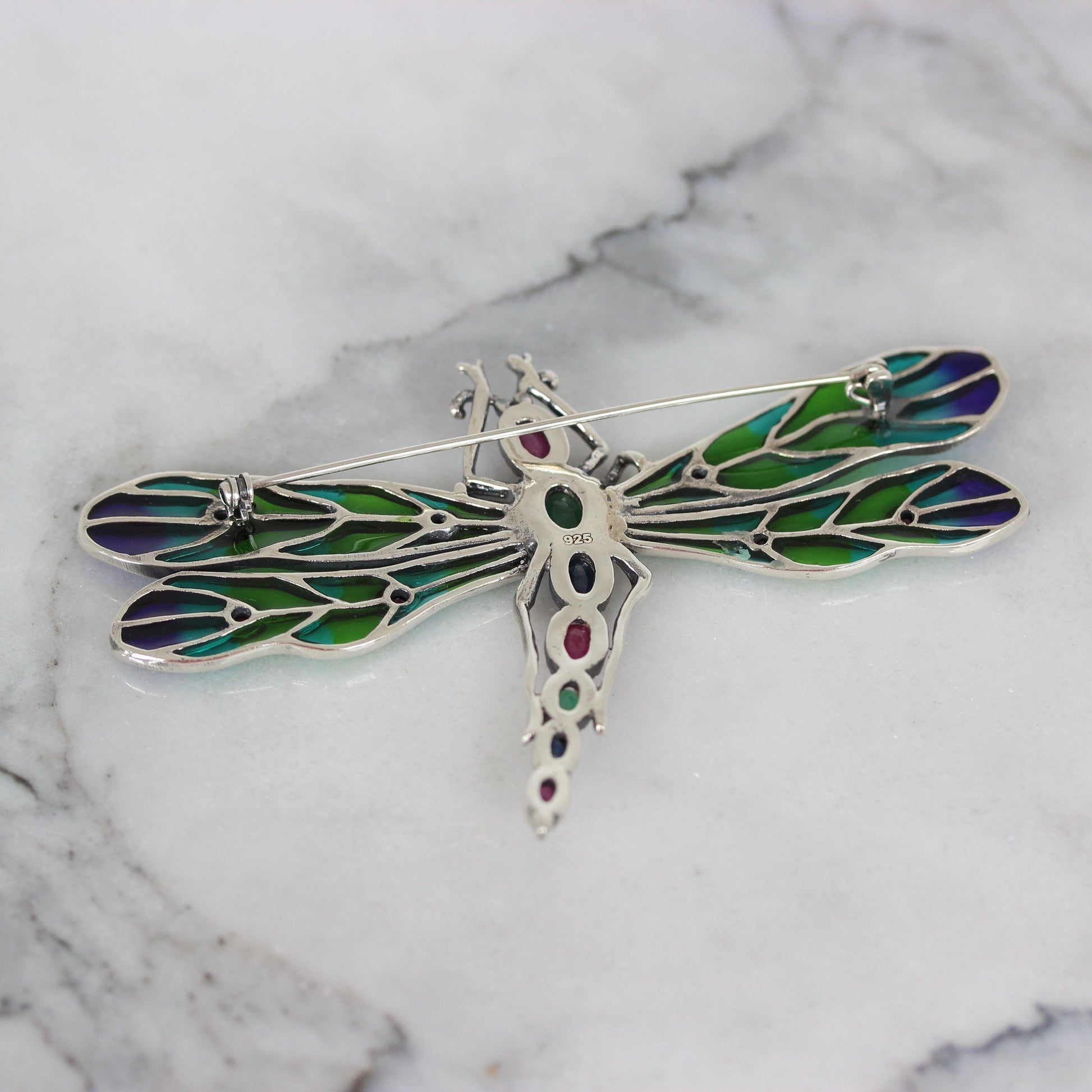 Sterling Silver Large Ruby, Emerald & Sapphire Enamel Dragonfly Brooch Pin - STERLING SILVER DESIGNS