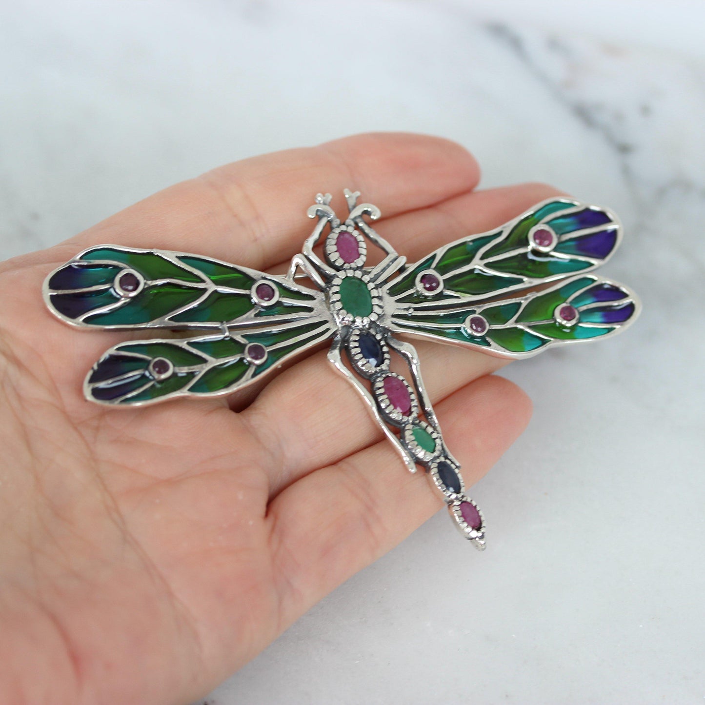 Sterling Silver Large Ruby, Emerald & Sapphire Enamel Dragonfly Brooch Pin - STERLING SILVER DESIGNS