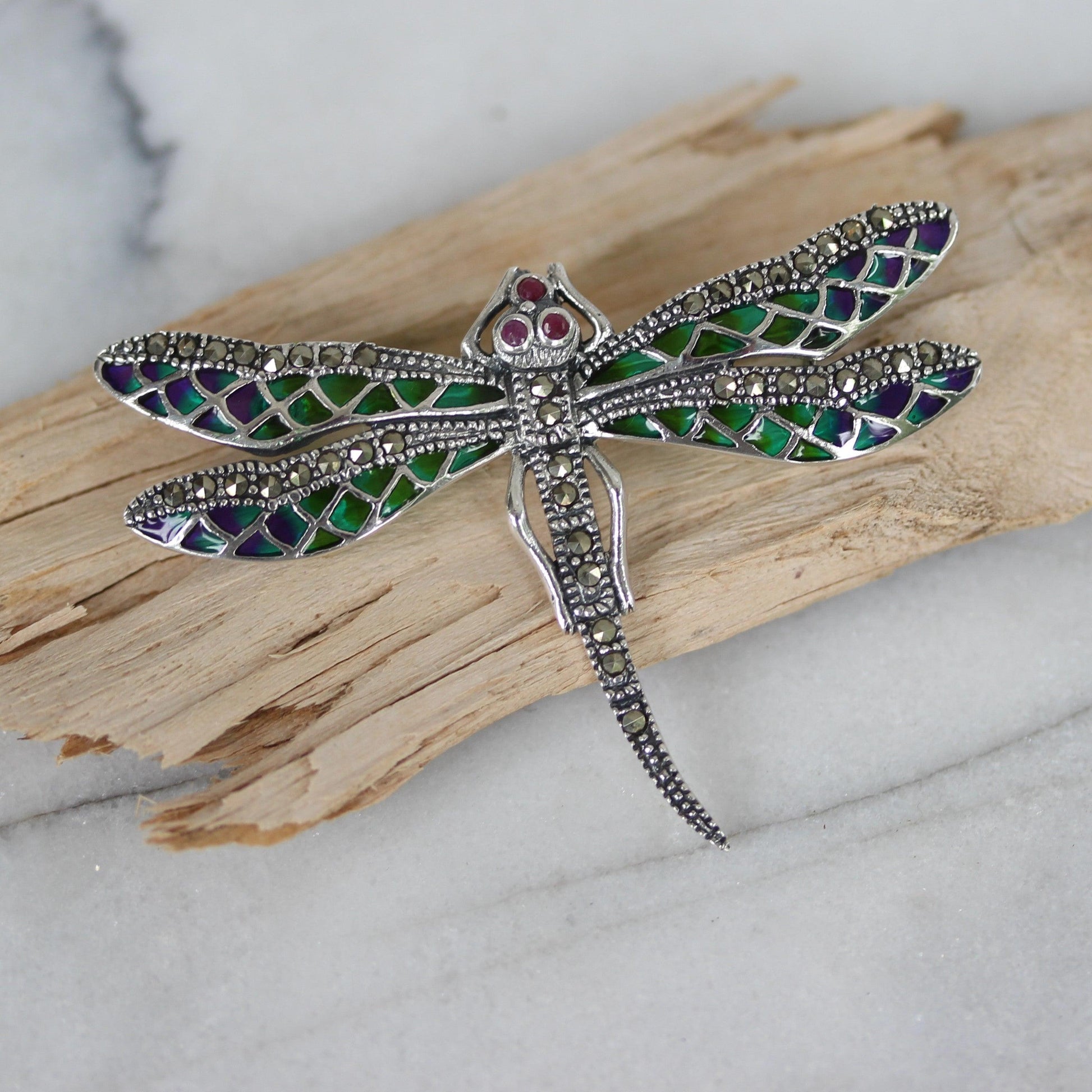 Sterling Silver Marcasite & Ruby, Enamel Dragonfly Brooch Pin - STERLING SILVER DESIGNS