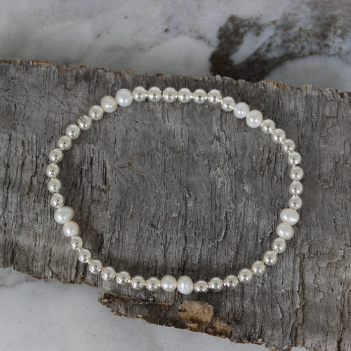 Sterling Silver 4 x 5mm Small Bead Balls & Pearl 17.5cm Stretch Bracelet - STERLING SILVER DESIGNS