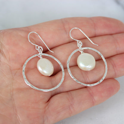 Sterling Silver Hammered Beaten Open Circle & Pearl Drop Earrings - STERLING SILVER DESIGNS