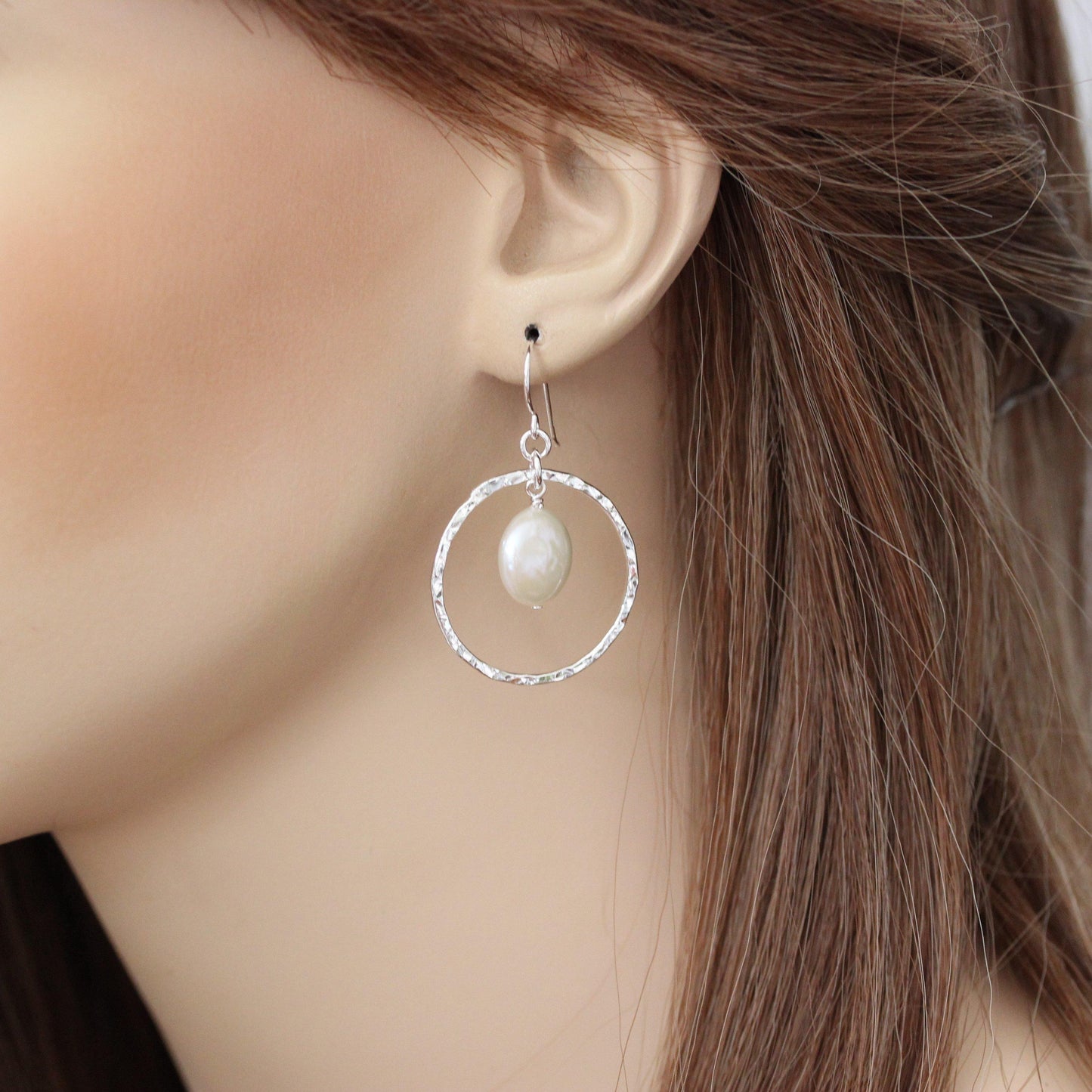 Sterling Silver Hammered Beaten Open Circle & Pearl Drop Earrings - STERLING SILVER DESIGNS