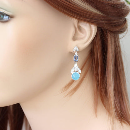 Sterling Silver Art Deco Inspired Milky Blue CZ Drop Earrings - STERLING SILVER DESIGNS