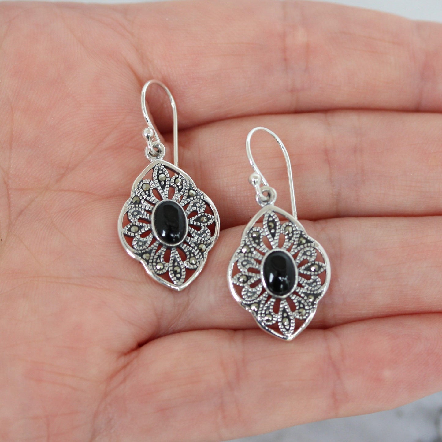 Sterling Silver Marcasite & Oval Black Onyx Hook Drop Dangle Earrings - STERLING SILVER DESIGNS