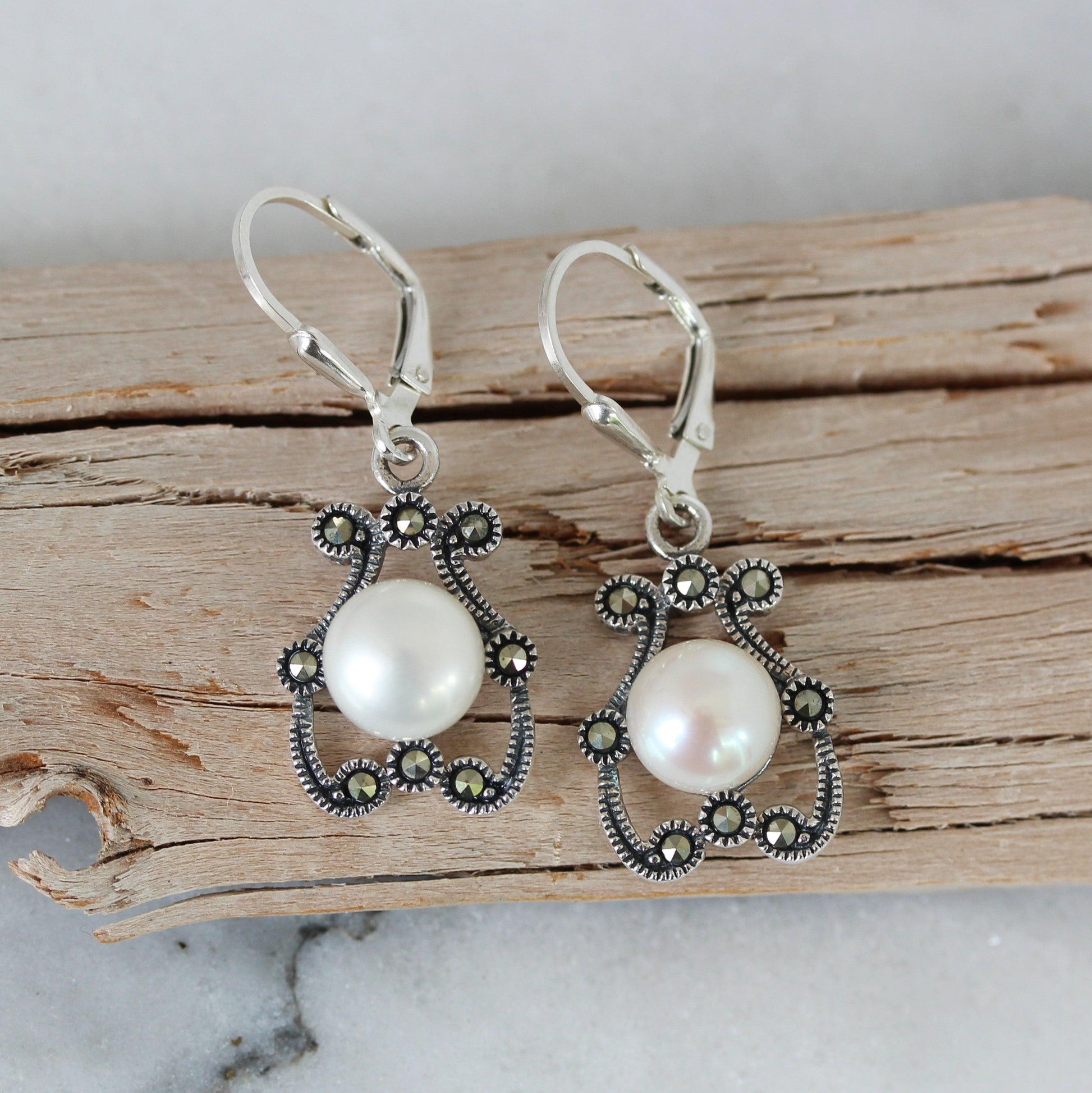 Sterling Silver Marcasite & 8mm Fresh Water Pearl Leverback Drop Earring - STERLING SILVER DESIGNS