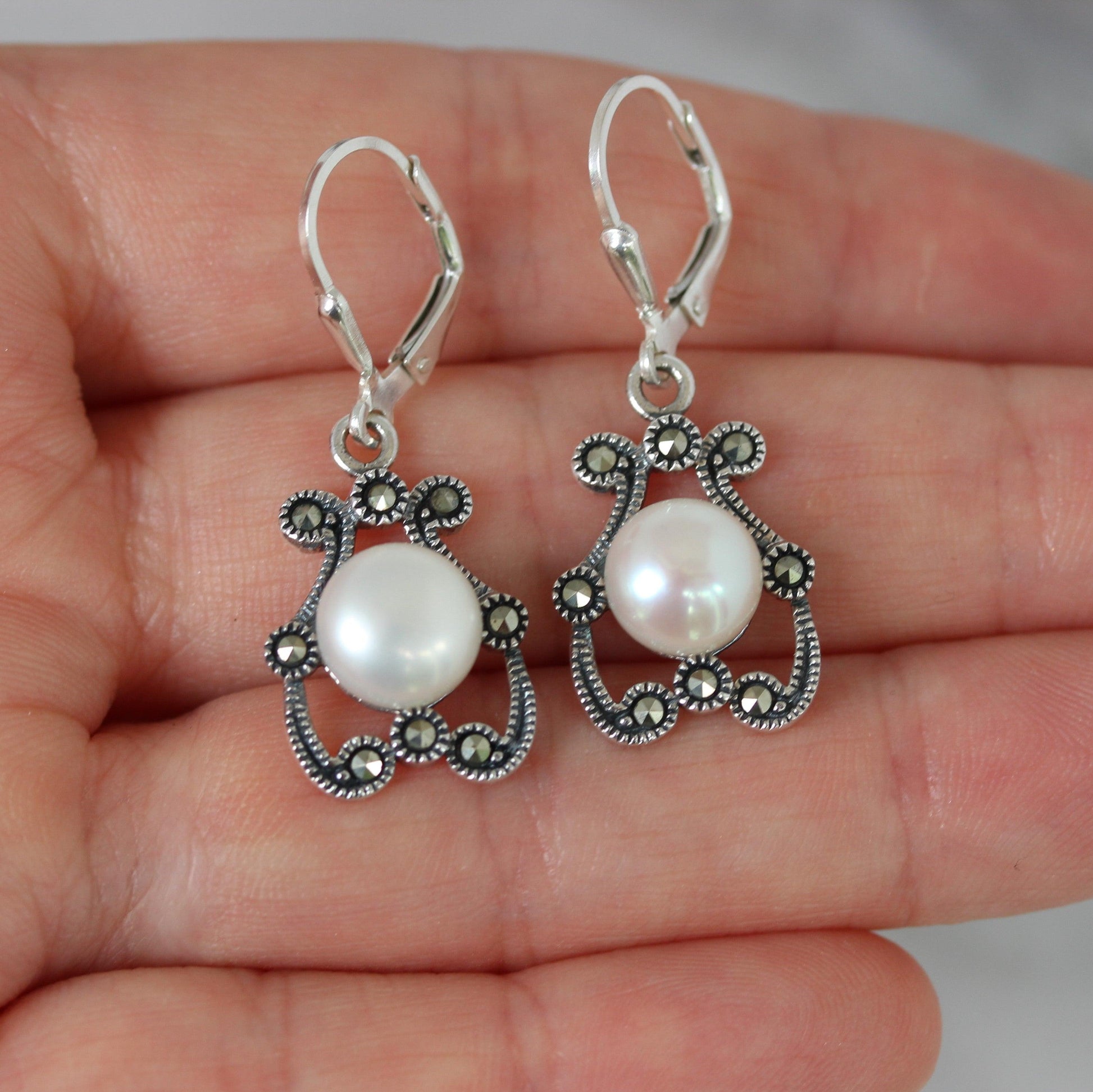 Sterling Silver Marcasite & 8mm Fresh Water Pearl Leverback Drop Earring - STERLING SILVER DESIGNS