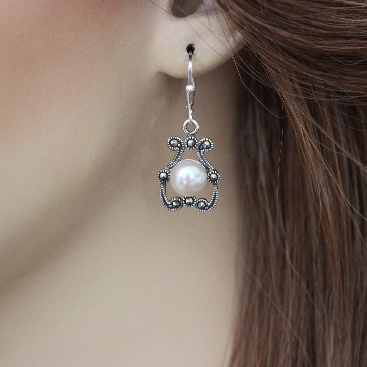 Sterling Silver Marcasite & 8mm Fresh Water Pearl Leverback Drop Earring - STERLING SILVER DESIGNS