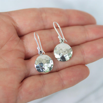 Sterling Silver 13mm Round Hammered Drop Dangle Earrings - STERLING SILVER DESIGNS