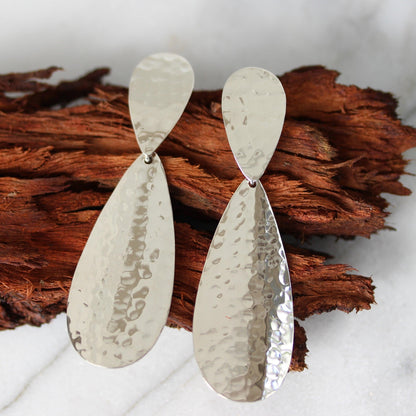 Sterling Silver Hammered Double Teardrop Long Earrings - STERLING SILVER DESIGNS