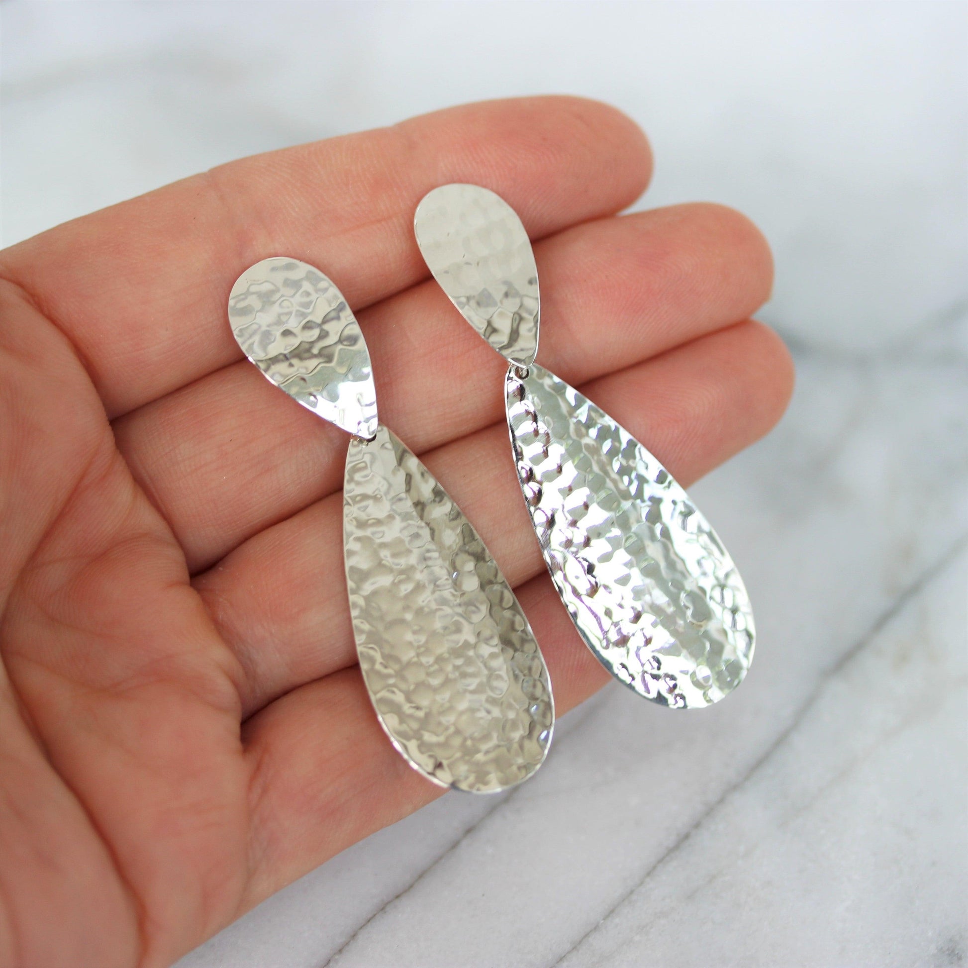 Sterling Silver Hammered Double Teardrop Long Earrings - STERLING SILVER DESIGNS